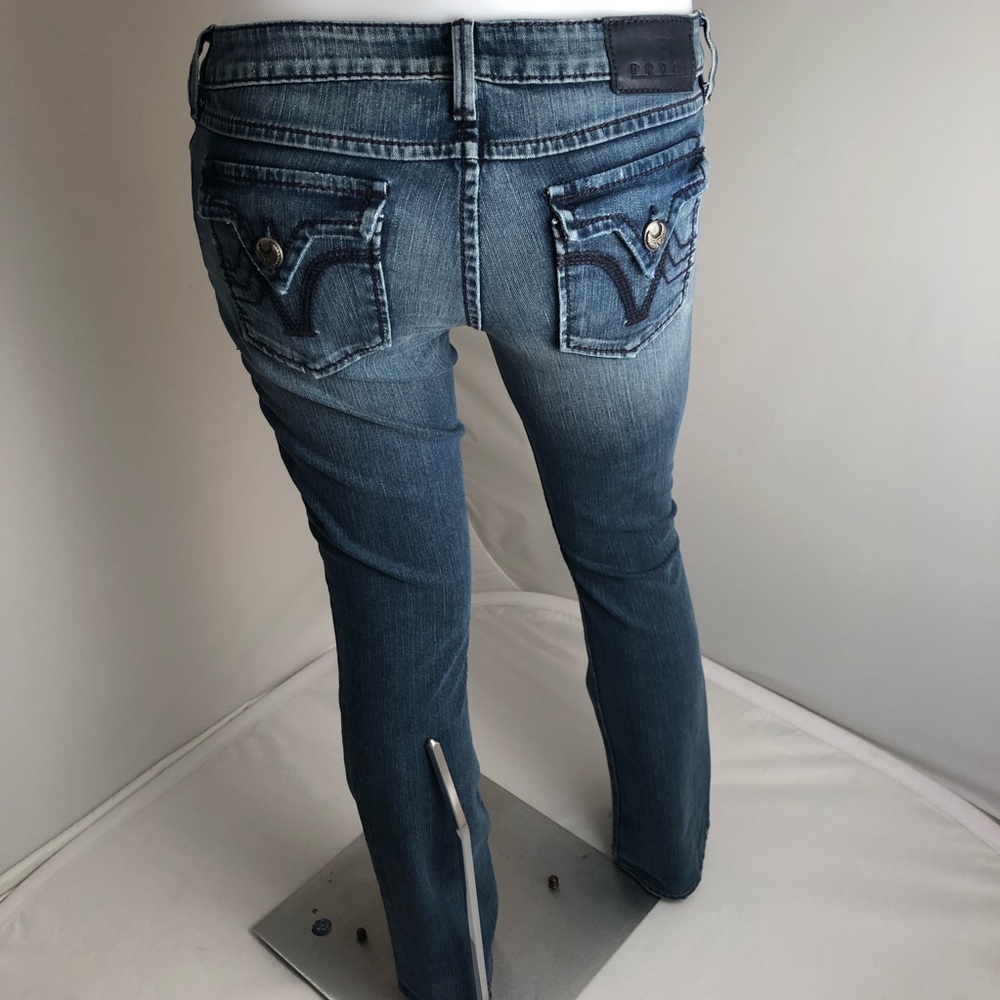 PRVCY medium wash blue distressed bootcut denim jeans 28